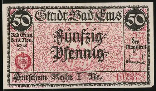 Notgeld Bad Ems 1918, 50 Pfennig, Wappen, Ortsansicht mit Fläschchen Kränchen