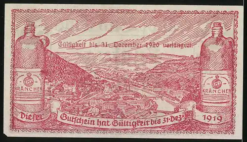 Notgeld Bad Ems 1918, 50 Pfennig, Wappen, Ortsansicht mit Fläschchen Kränchen