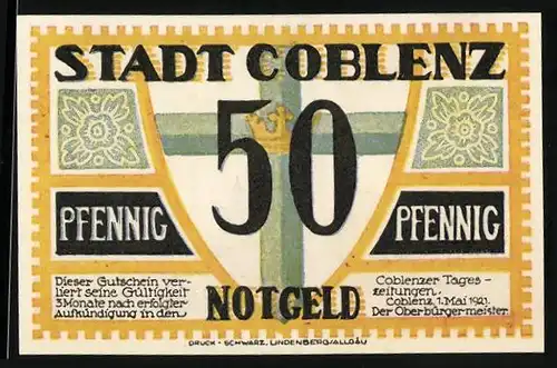 Notgeld Coblenz 1921, 50 Pfennig, Kreuz und Krone, Kirche
