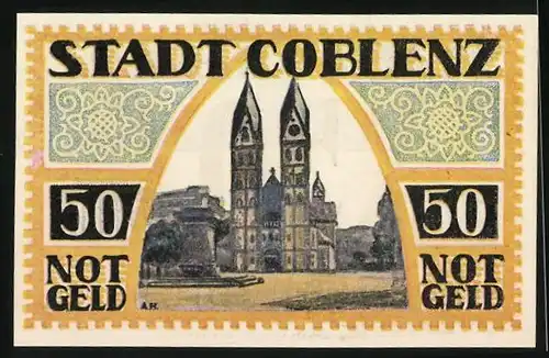 Notgeld Coblenz 1921, 50 Pfennig, Kreuz und Krone, Kirche