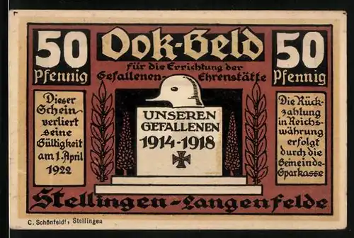 Notgeld Stellingen-Langenfelde 1922, 50 Pfennig, Gefallenen-Ehrenstätte, Platz mit Denkmal