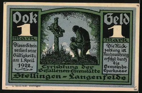 Notgeld Stellingen-Langenfelde 1922, 1 Mark, Blick auf das Denkmal, Soldat kniet vor Kreuz