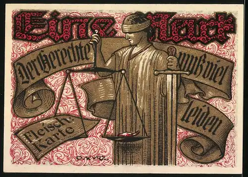 Notgeld Tonndorf-Lohe 1921, 1 Mark, Justizia mit FLeischkarte auf der Waage