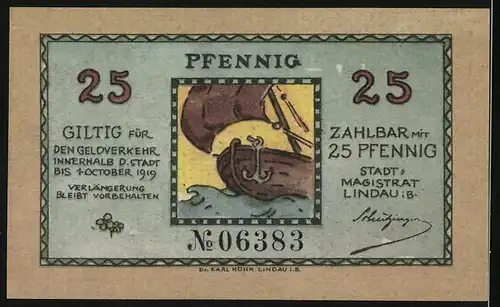 Notgeld Lindau i. B. 1919, 25 Pfennig, Eingang zum Wohnhaus, Schiff auf dem Meer