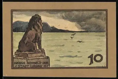 Notgeld Lindau i. B. 1919, 10 Pfennig, Löwenstatue am Wasser, Schiff auf dem Meer