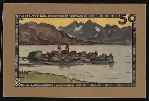 Notgeld Lindau i. B. 1919, 50 Pfennig, Blick auf den Ort, Schiff auf dem Wasser