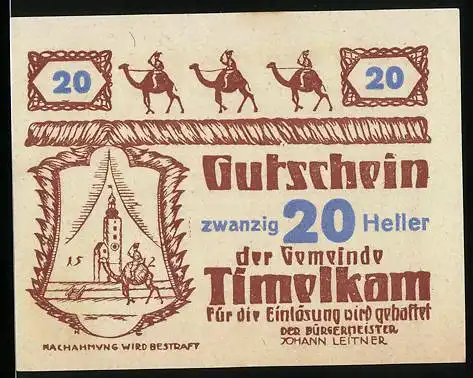 Notgeld Timelkam 1920, 20 Heller, Reiter auf Kamelen