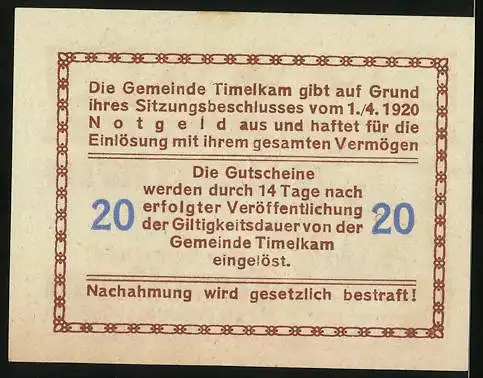 Notgeld Timelkam 1920, 20 Heller, Reiter auf Kamelen