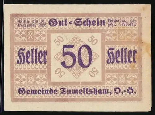 Notgeld Tumeltsham 1920, 50 Heller, Farbiges Muster, Bürgermeister Anton Diermayr