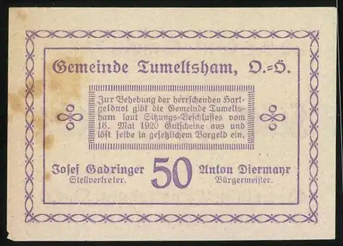 Notgeld Tumeltsham 1920, 50 Heller, Farbiges Muster, Bürgermeister Anton Diermayr