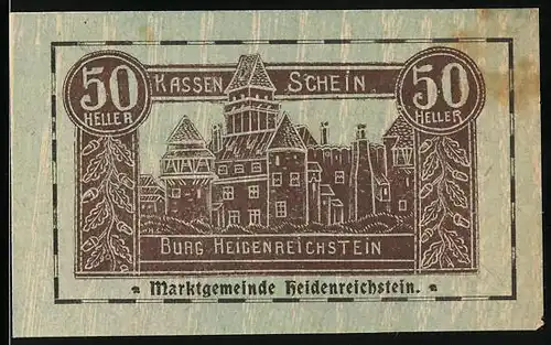 Notgeld Heidenreichstein 1920, 50 Heller, Ansicht der Burg