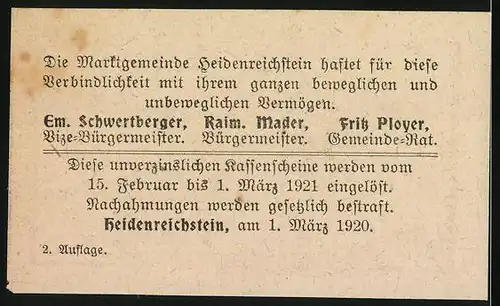 Notgeld Heidenreichstein 1920, 50 Heller, Ansicht der Burg