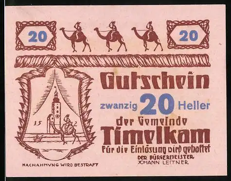 Notgeld Timelkam 1920, 20 Heller, Kamelreiter auf der Reise