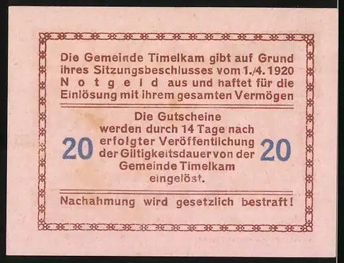 Notgeld Timelkam 1920, 20 Heller, Kamelreiter auf der Reise