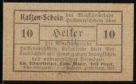 Notgeld Heidenreichstein 1920, 10 Heller, Bürgermeister Raim. Mader