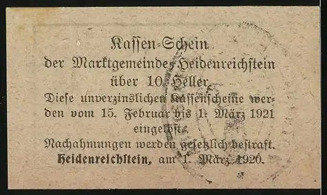 Notgeld Heidenreichstein 1920, 10 Heller, Bürgermeister Raim. Mader