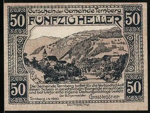 Notgeld Ternberg 1920, 50 Heller, Ortsansicht mit Brücke, Innenansicht einer Werkstatt