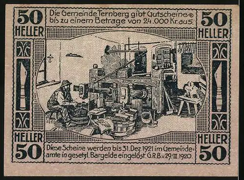 Notgeld Ternberg 1920, 50 Heller, Ortsansicht mit Brücke, Innenansicht einer Werkstatt