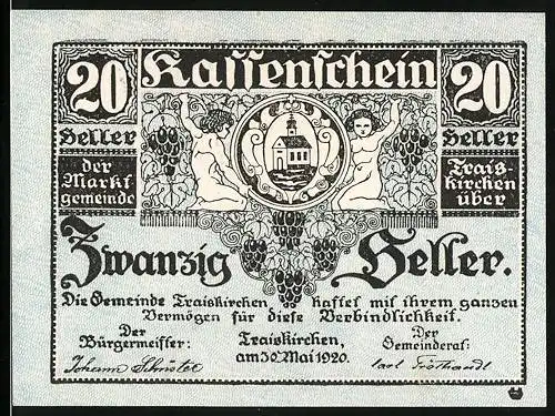 Notgeld Traiskirchen 1921, 20 Heller, Nacktes Paar hält rundes Wappen