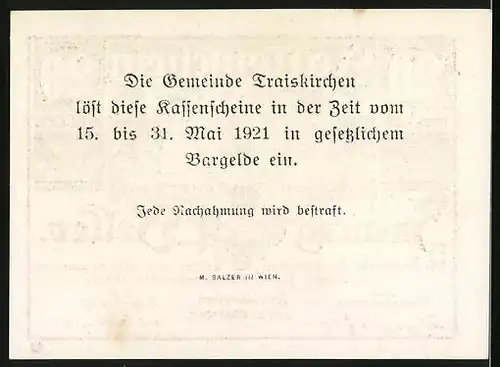 Notgeld Traiskirchen 1921, 20 Heller, Nacktes Paar hält rundes Wappen