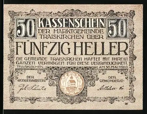 Notgeld Traiskirchen 1920, 50 Heller, Rundes Wappen mit Kirche