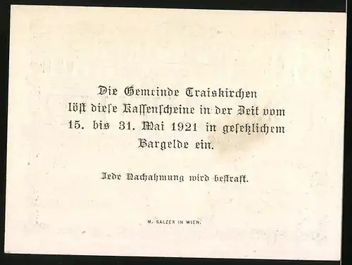 Notgeld Traiskirchen 1920, 50 Heller, Rundes Wappen mit Kirche