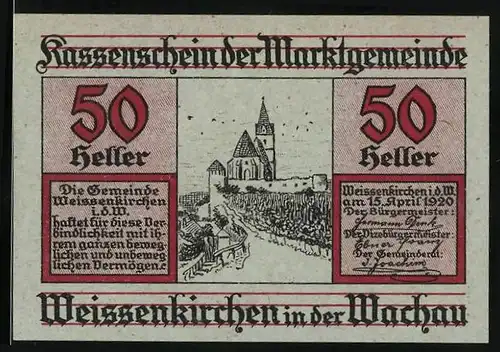 Notgeld Weissenkirchen in der Wachauch 1920, 50 Heller, Strassenpartie zur Kirche