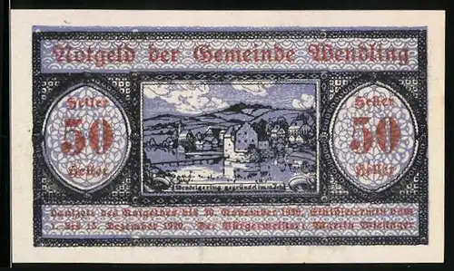 Notgeld Wendling 1920, 50 Heller, Ortsansicht am Wasser