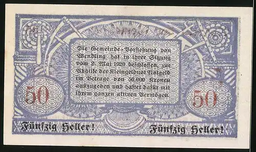 Notgeld Wendling 1920, 50 Heller, Ortsansicht am Wasser