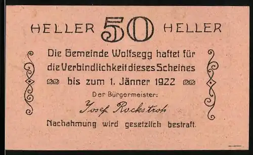 Notgeld Wolfsegg 1922, 50 Heller, Bürgermeister Josef Rockstroh, Waldpartie mit Wolf