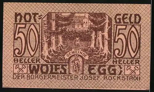 Notgeld Wolfsegg 1922, 50 Heller, Bürgermeister Josef Rockstroh, Waldpartie mit Wolf