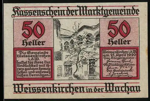 Notgeld Weissenkirchen in deer Wachau 1920, 50 Heller, Hofpartie mit Baum