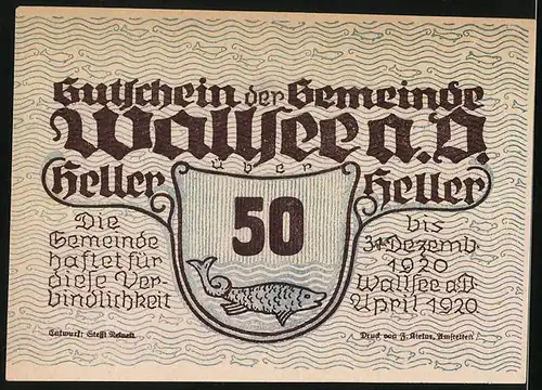 Notgeld Wallsee a. D. 1920, 50 Heller, Blick auf das Schloss, Wappen mit Fisch