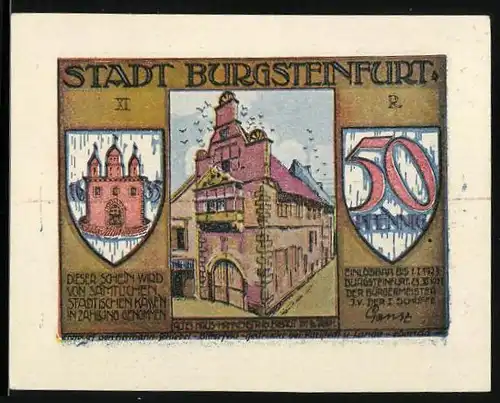Notgeld Burgsteinfurt 1923, 50 Pfennig, Altes Haus in der Hahnenstrasse 16, Wappen