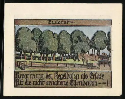 Notgeld Burgsteinfurt 1923, 50 Pfennig, Reparierung der Kegelbahn, Wappen, Storch am Wasser