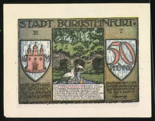 Notgeld Burgsteinfurt 1923, 50 Pfennig, Reparierung der Kegelbahn, Wappen, Storch am Wasser