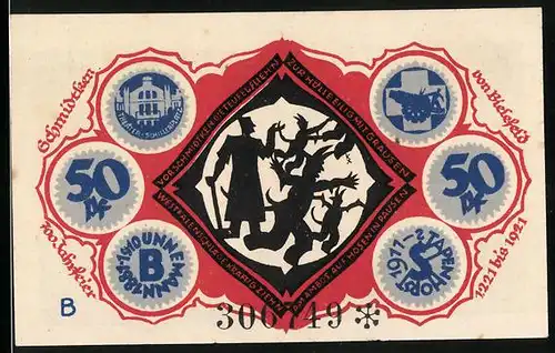 Notgeld Bielefeld 1921, 50 Pfennig, Leute fliehen vom Teufel