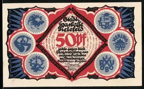 Notgeld Bielefeld 1921, 50 Pfennig, Symbole mit Hahn, Hering, Brügge, Schmied wird geleitet