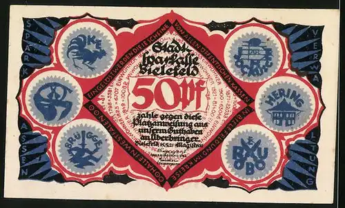 Notgeld Bielefeld 1921, 50 Pfennig, Engel und Petrus am Himmelstor, Symbole Brügge, Hering