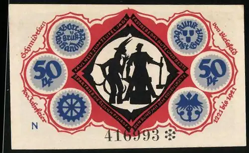 Notgeld Bielefeld 1921, 50 Pfennig, Schmied und Teufel führen Unterhaltung