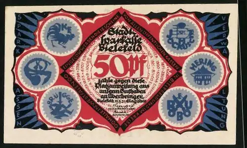 Notgeld Bielefeld 1921, 50 Pfennig, Schmied und Teufel führen Unterhaltung