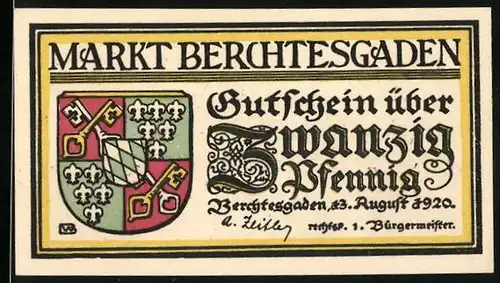 Notgeld Berchtesgaden 1920, 20 Pfennig, Wappen mit Schlüsseln, Berge