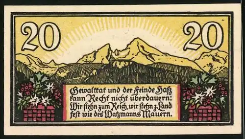 Notgeld Berchtesgaden 1920, 20 Pfennig, Wappen mit Schlüsseln, Berge