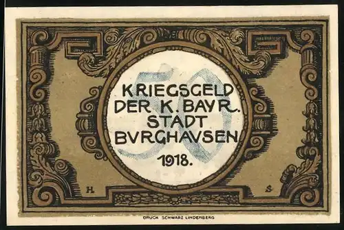 Notgeld Burghausen 1918, 50 Pfennig, Strassenpartie in den Ort