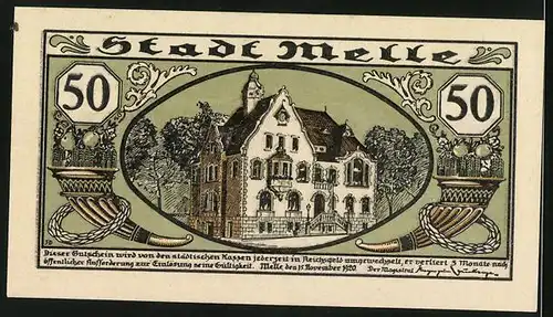 Notgeld Melle 1920, 50 Pfennig, Menschen bei der Ernte, Rathaus