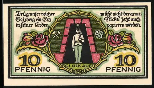 Notgeld Berchtesgaden 1920, 10 Pfennig, Bergarbeiter des Salzbergs im Erz