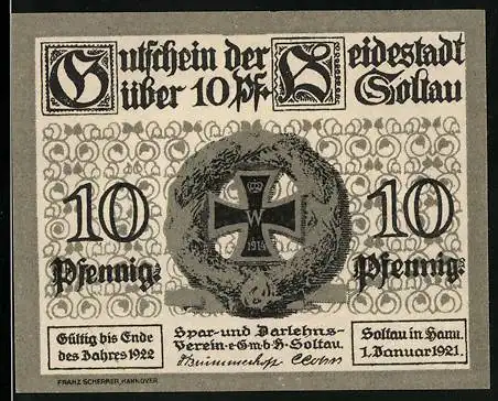Notgeld Soltau 1921, 10 Pfennig, Kranz mit Eisernem Kreuz, Hütte auf dem Land