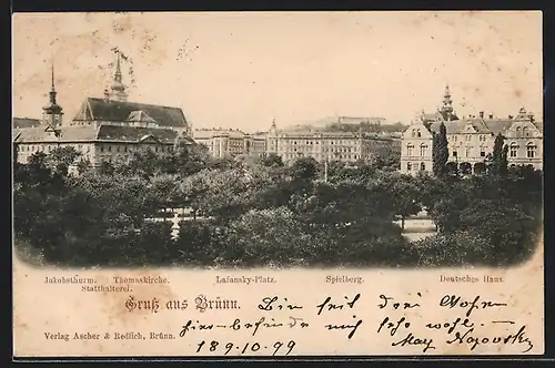 AK Brünn, Thomaskirche und Jakobsturm am Lazansky-Platz mit Deutschem Haus