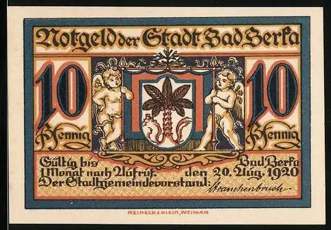 Notgeld Bad Berka 1920, 10 Pfennig, Engel mit Speer nebst Wappen, Carl-August-Quelle