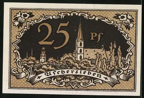Notgeld Aschersleben 1920, 25 Pfennig, Ortsansicht mit Kirche